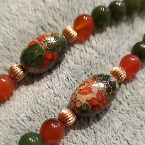 Stunning Vintage Chinese Jade & Carnelian Cloisonne Necklace